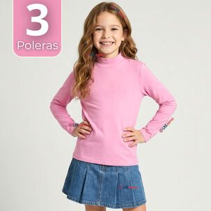 Pack 3 Poleras Camisetas Bamb&uacute; Rosadas Cuello Beatle Primera Capa Manga Larga Ni&ntilde;a