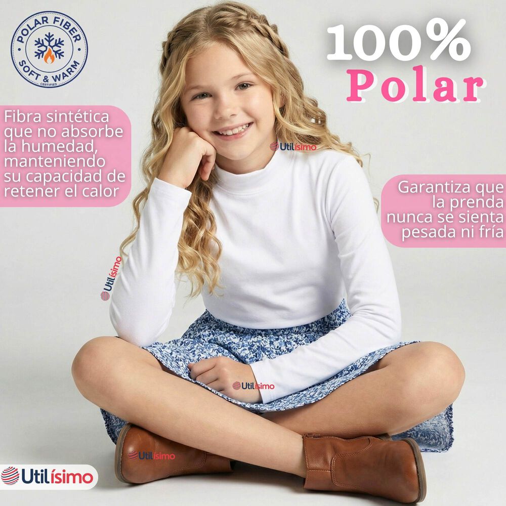 Polera Camiseta Polar Blanca Primera Capa Cuello Beatle Manga Larga Ni&ntilde;a image number 3.0