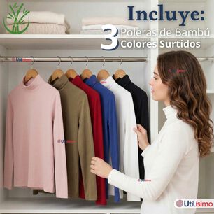 Pack 3 Camisetas Poleras Bamb&uacute; Primera Capa Cuello Beatle Manga Larga Colores Surtidos Mujer