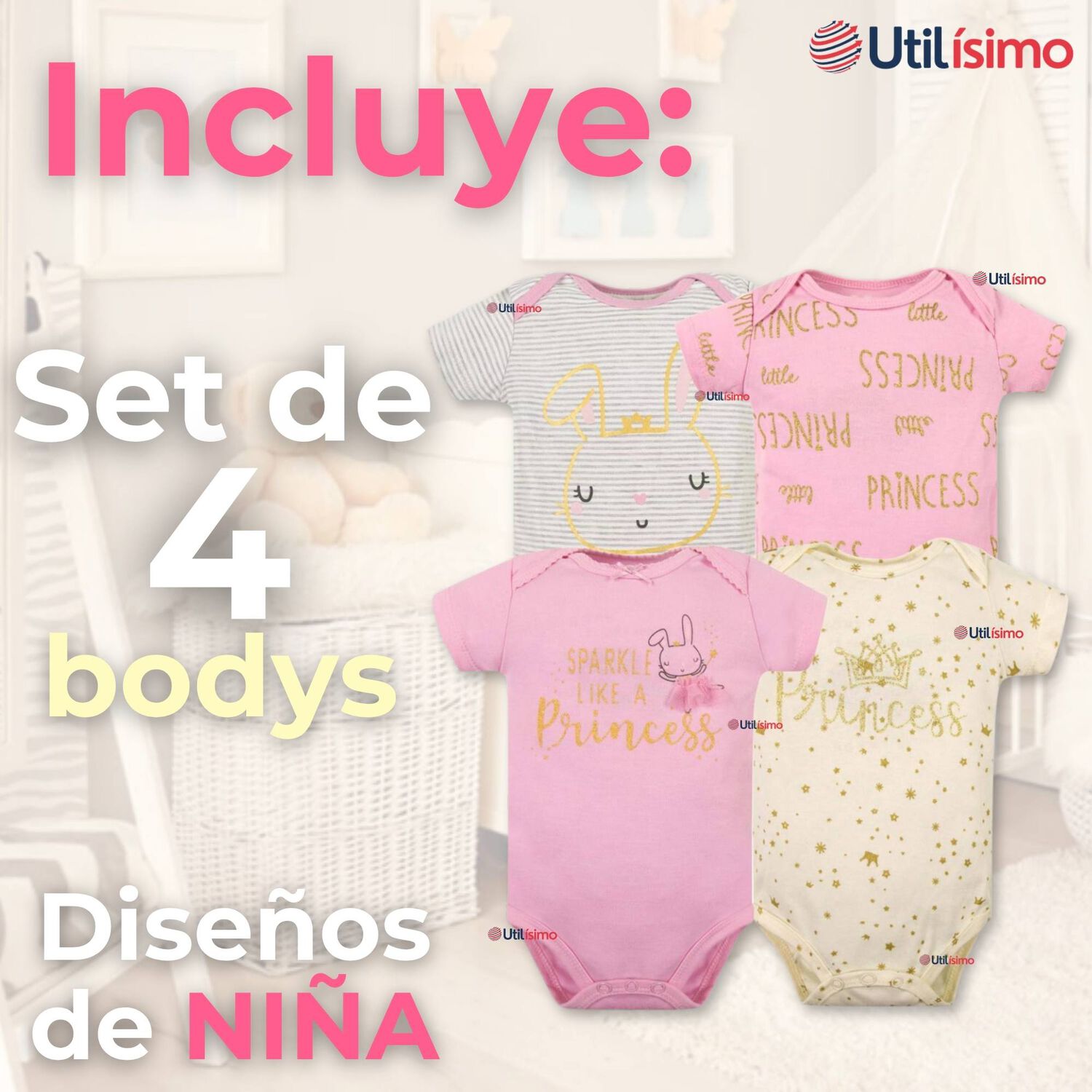 Pack 4 Bodys Ni&ntilde;a Manga Corta Tedmimak 100% Algod&oacute;n Sparkle Like A Princess image number 1.0