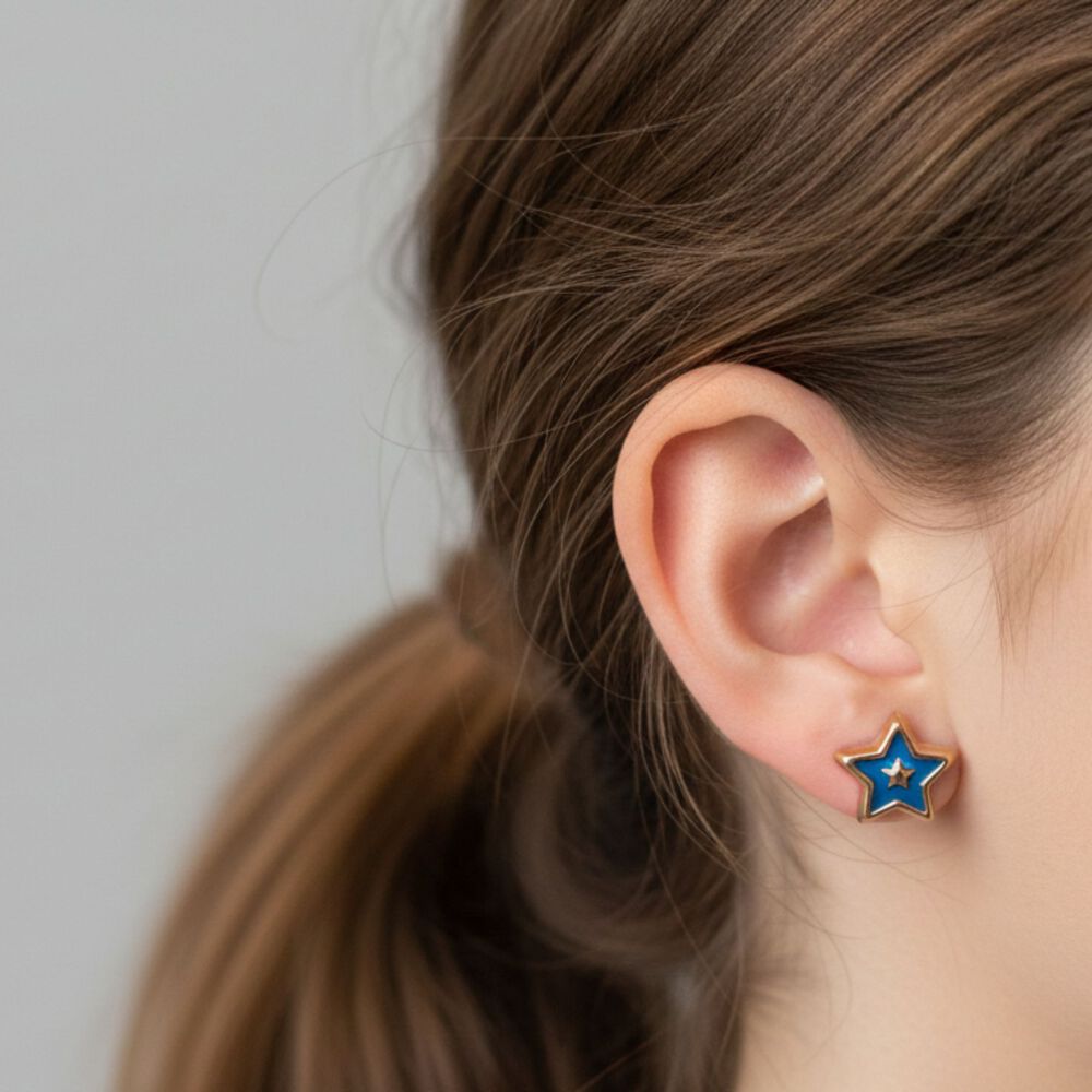 Aros Estrella Laqueada Azul 5mm Oro 14k Abridores A Presi&oacute;n Beb&eacute; Ni&ntilde;a Hipoalerg&eacute;nicos image number 2.0