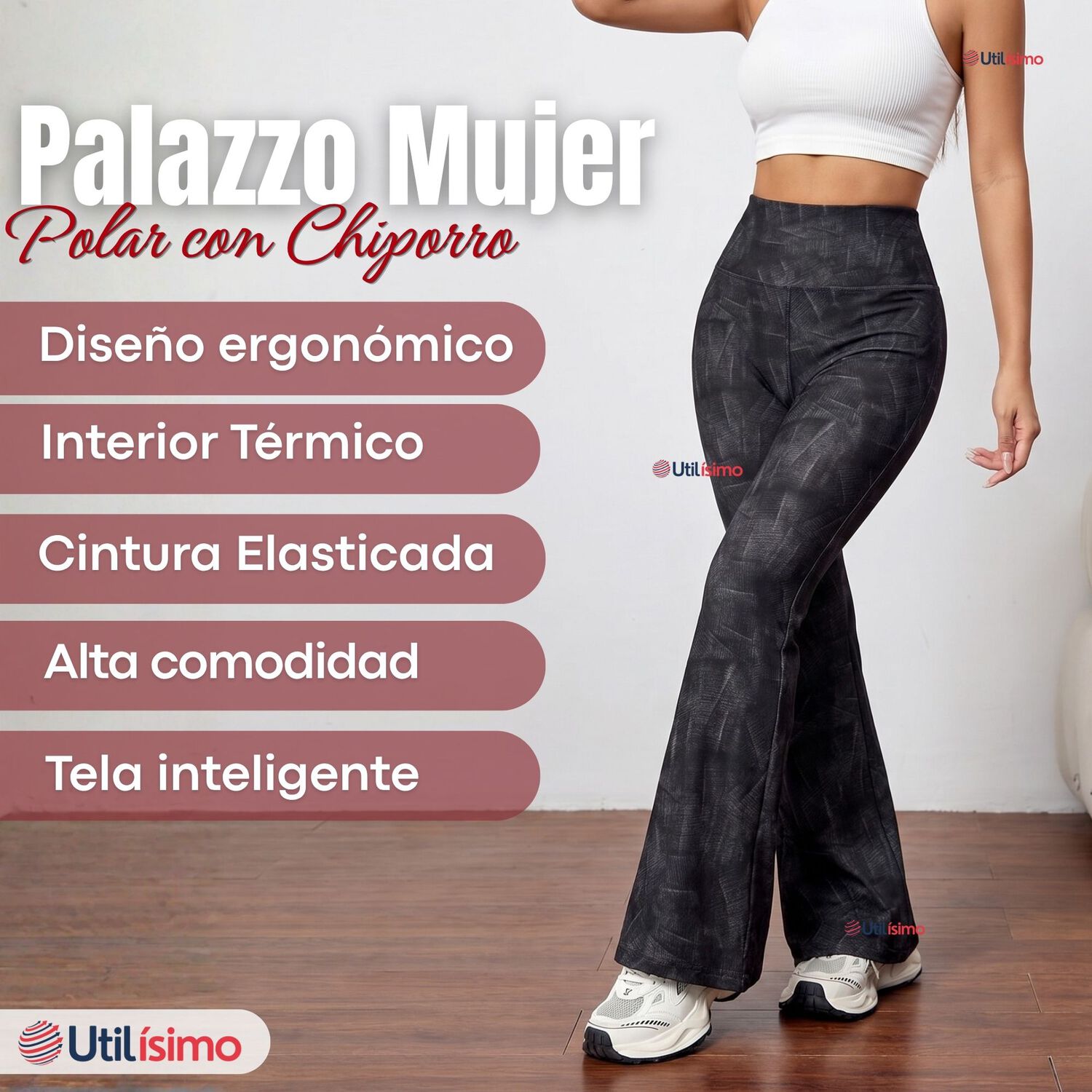 Pantal&oacute;n Polar Con Chiporro Palazzo Mujer Calza Elasticada T&eacute;rmica Negra image number 3.0