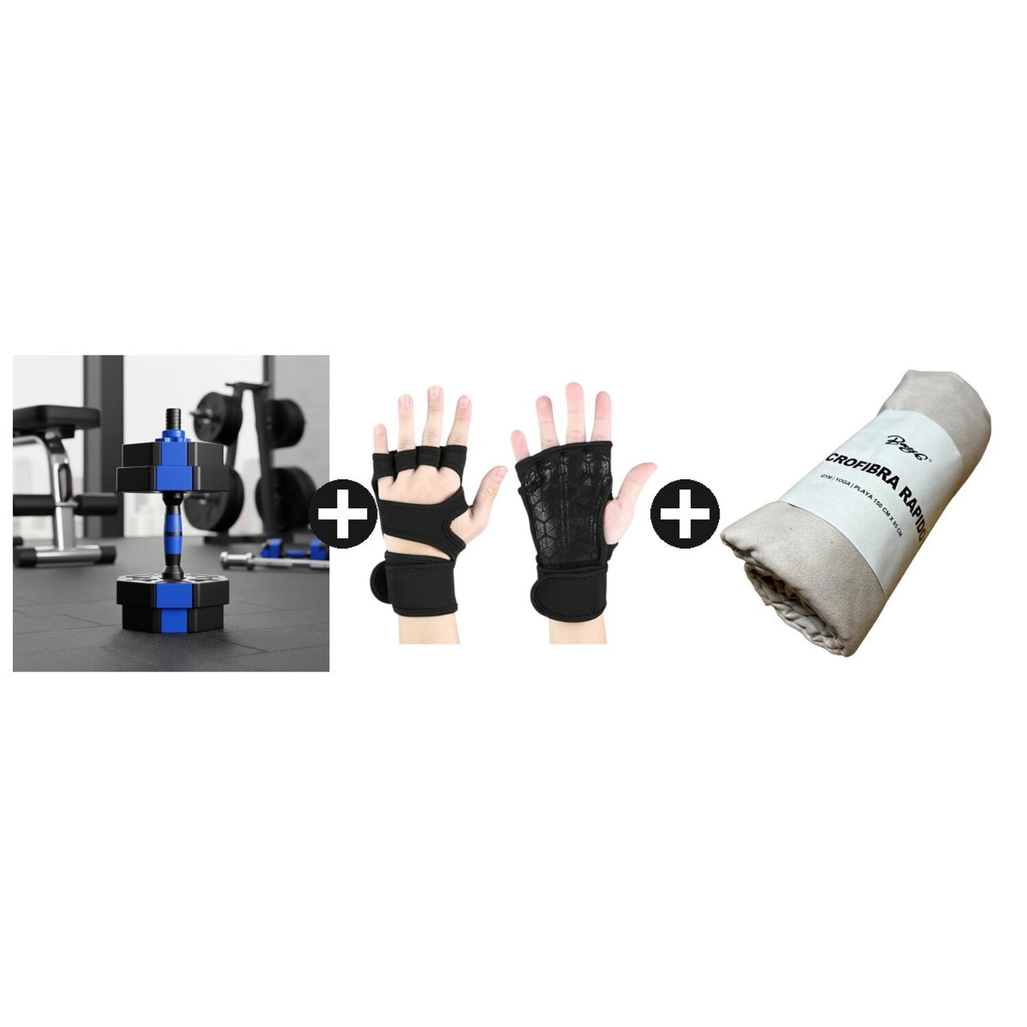 Kit Gym En Casa Mancuernas 15kg + Calleras Talla L + Toalla Azul image number 0.0