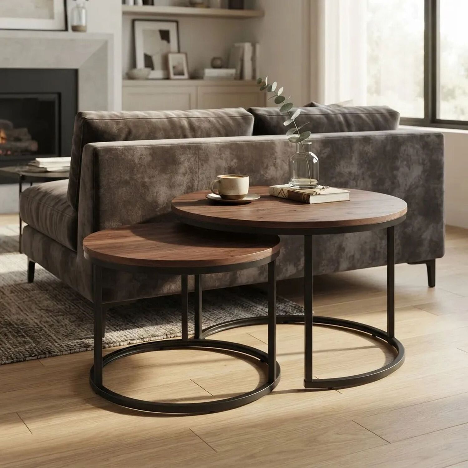 Set 2 Mesas Nido Redondas Madera Metal Living Moderna Caf&eacute; image number 2.0