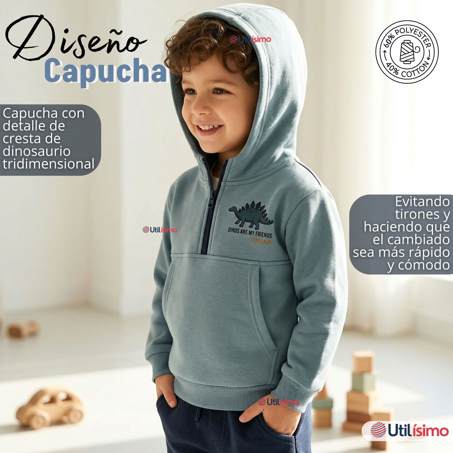 Conjunto 2 Piezas Buzo Pantal&oacute;n Y Poler&oacute;n Con Capucha Azul Dinosaurio Ni&ntilde;o image number 7.0