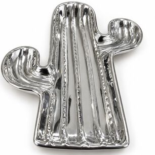 Bandeja Decorativa Cactus Cer&aacute;mica Plateada Brillante 34x24 Cm