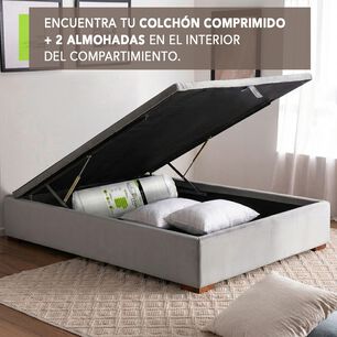 Cama Funcional Baul Full 1.35 Mt Colchon Comprimido New Top + 2 Almohadas Tela Gris