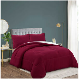 Juego De Plum&oacute;n De 3 Piezas Vintage Con Pompones - 2 Plazas Burdeo