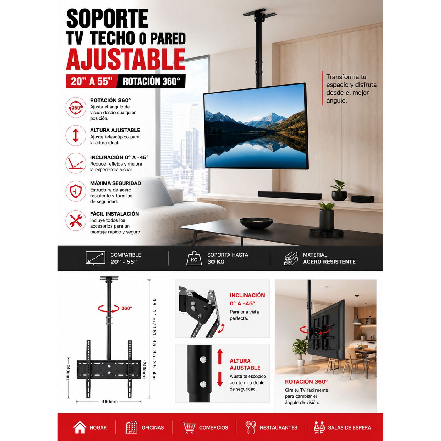 Soporte Tv Techo O Pared Ajustable 32 A 70" Rotaci&oacute;n 360&deg; image number 9.0