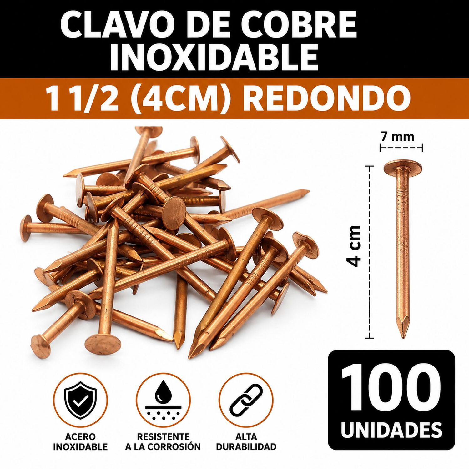 Clavo De Cobre Inoxidable 1 1/2 (4cm) Dise&ntilde;o Redondo 100un image number 0.0