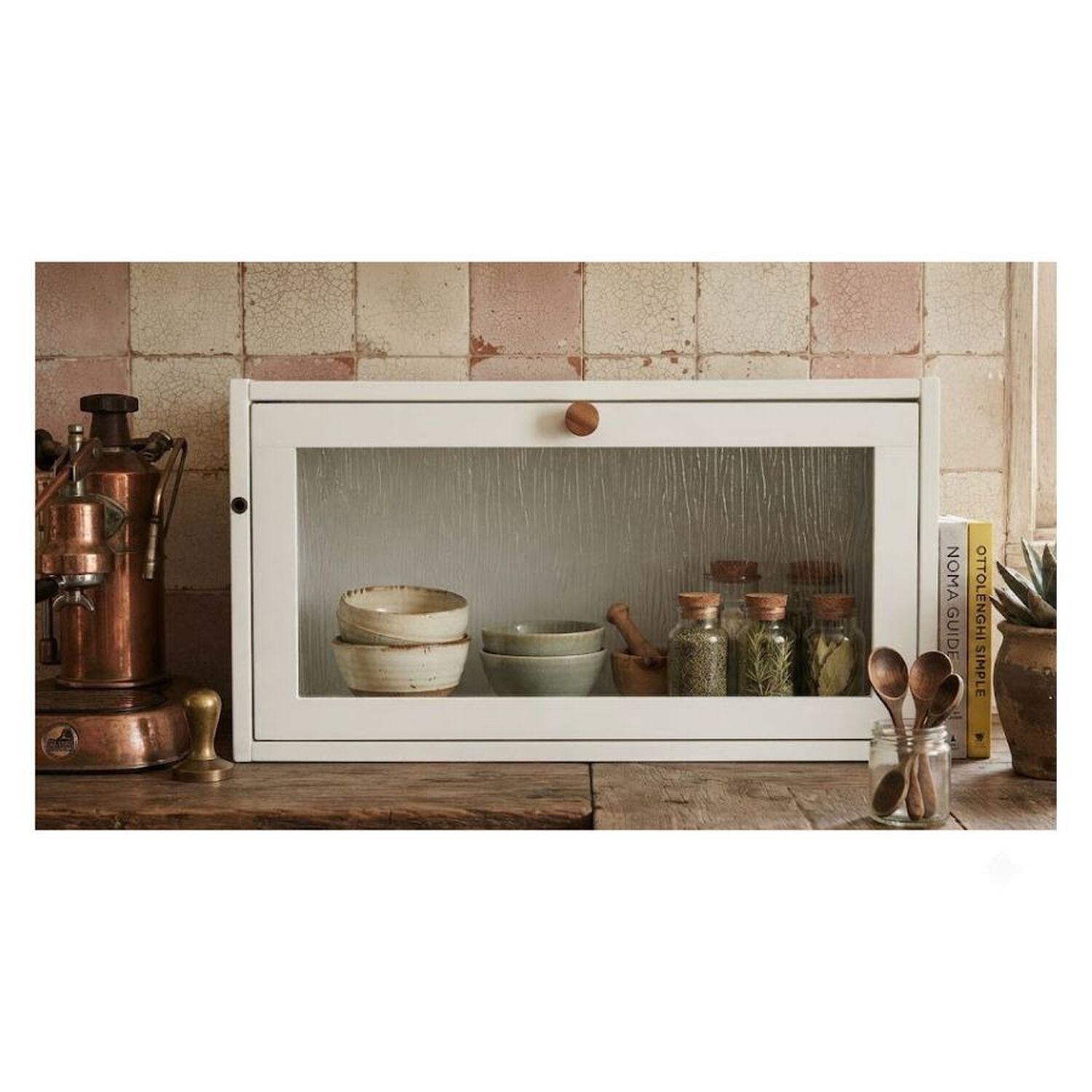 Panera Metal Blanca Tapa Abatible Vidrio Texturado Cocina Moderna image number 3.0