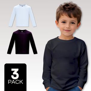 Pack 3 Camisetas Poleras Algodón Primera Capa Manga Larga Niño Negro Blanco