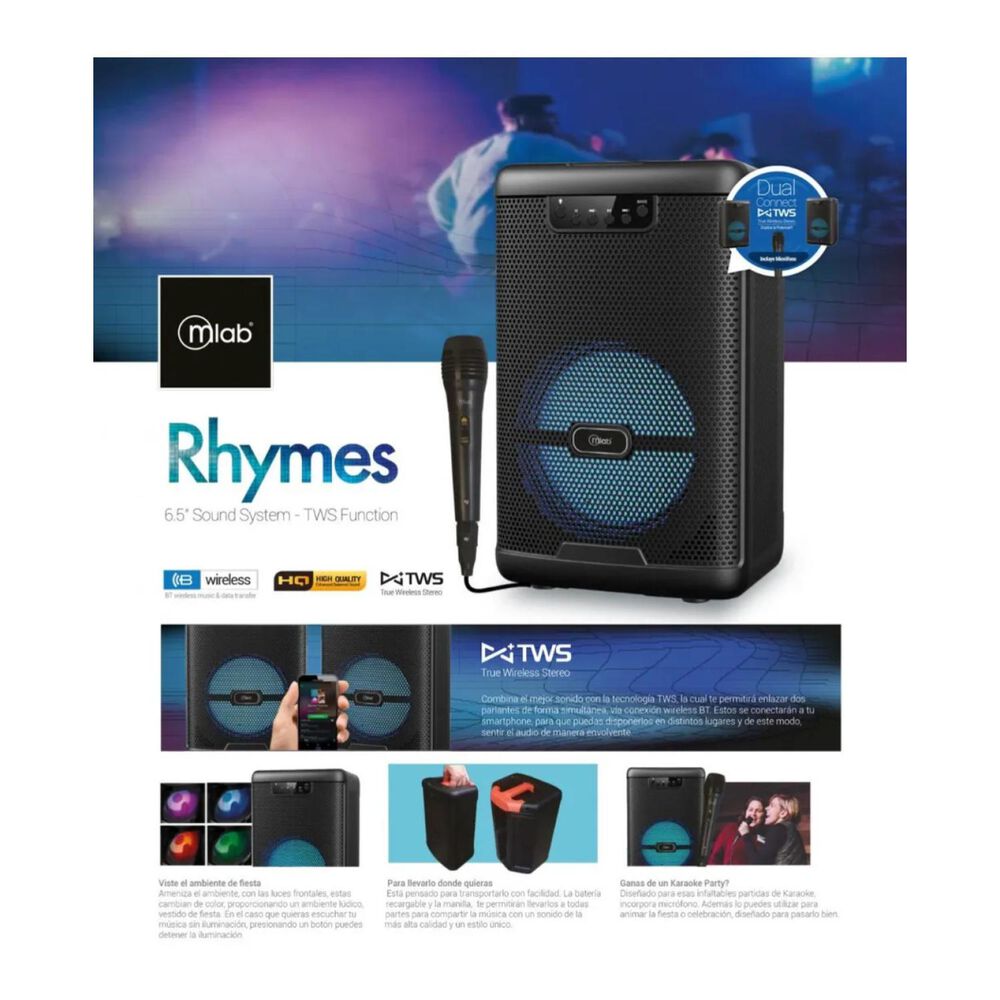 Parlante Karaoke Bluetooth 2000w Tws Negro Rhymes 9100 image number 2.0