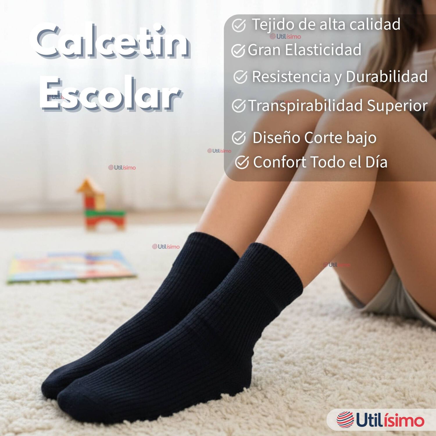 Pack 3 Calcet&iacute;nes Escolares Corto Acr&iacute;lico Azul Ni&ntilde;o Y Ni&ntilde;a image number 2.0