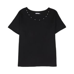 Polera Lisa Manga Corta Cuello Redondo Con Apicación Mujer Lesage