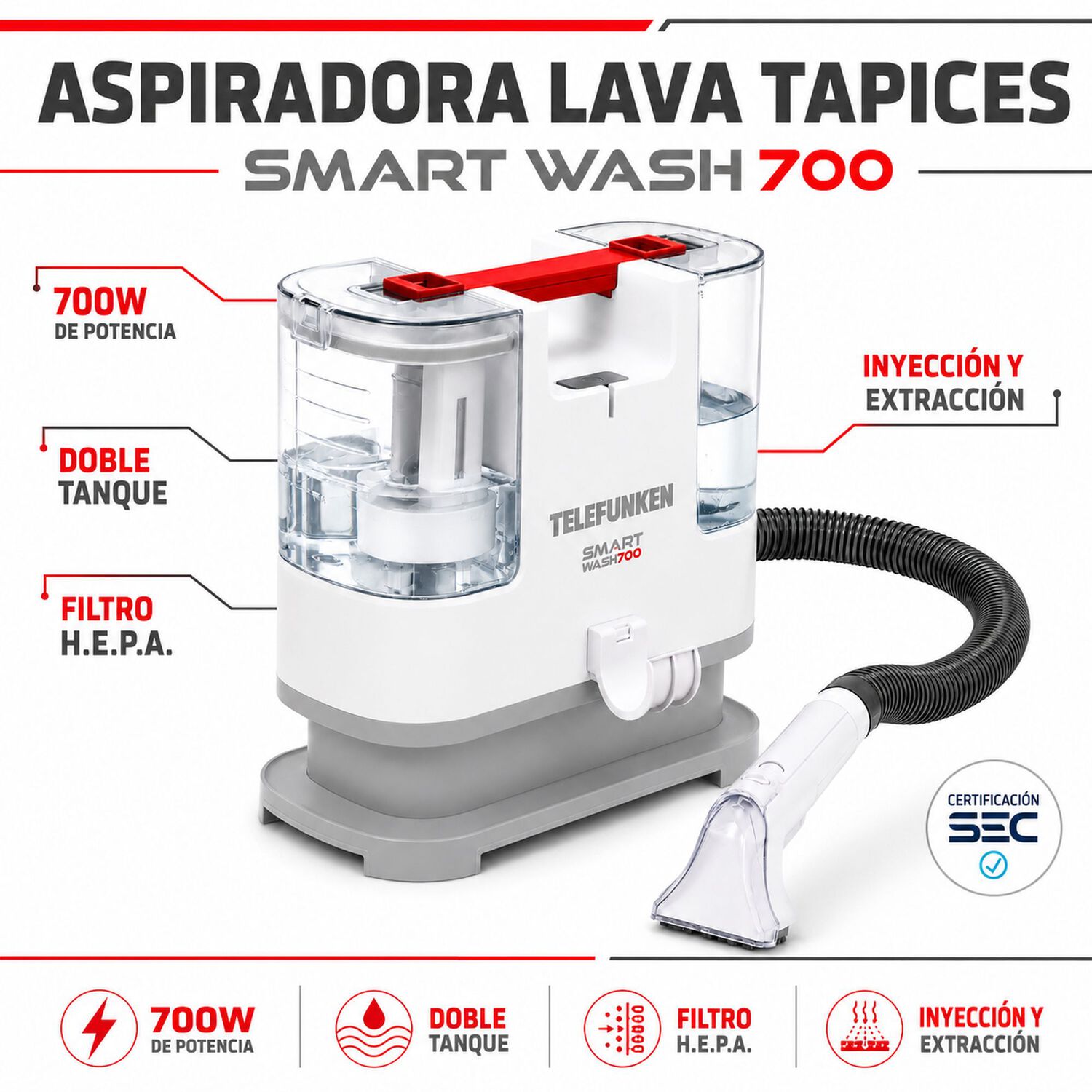Aspiradora Limpia Tapiz Telefunken Smart Wash 700w Multiusos image number 6.0
