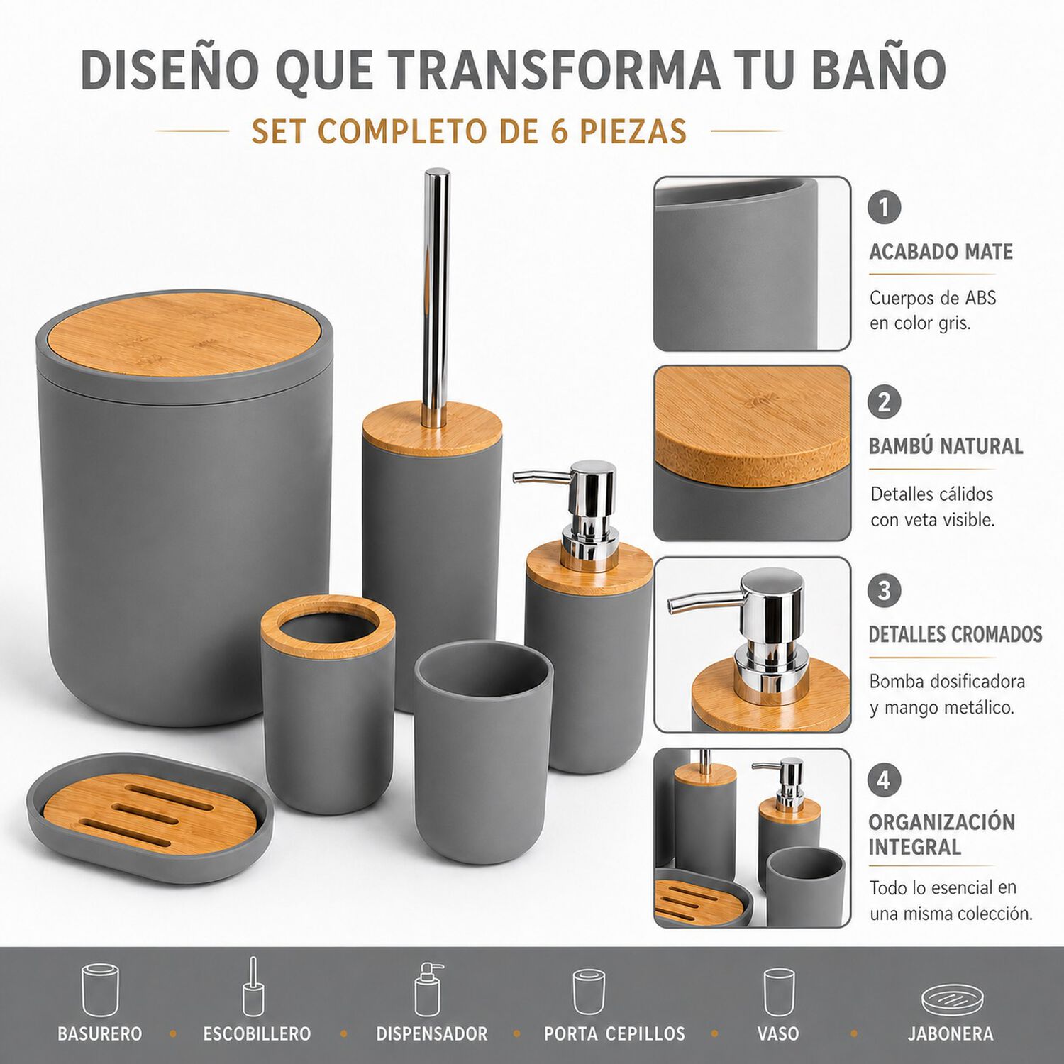 Set De Ba&ntilde;o 6 Piezas Moderno Gris Con Bamb&uacute; Incluye Basurero Y Dispensador image number 1.0