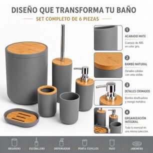 Set De Ba&ntilde;o 6 Piezas Moderno Gris Con Bamb&uacute; Incluye Basurero Y Dispensador