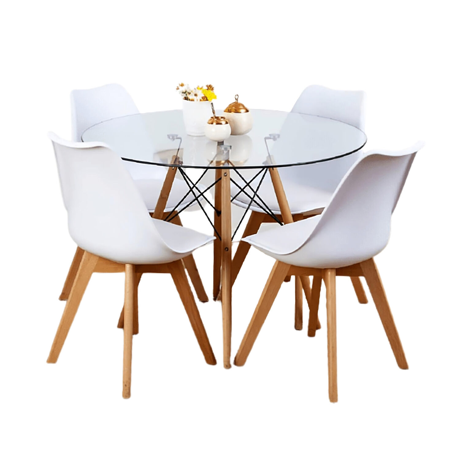 Comedor Mesa Eames Vidrio 100 Cm + 4 Sillas Tulip Blancas image number 0.0