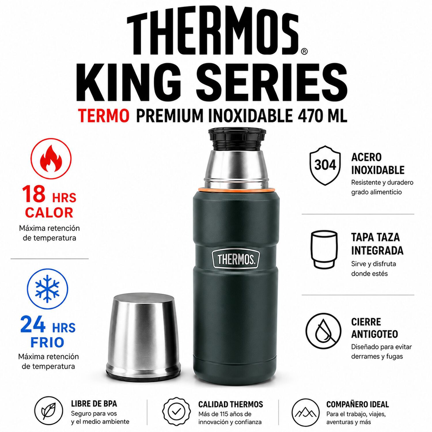 Termo Premium Thermos King Inox Sk2000 470ml 18h/24h Verde image number 5.0