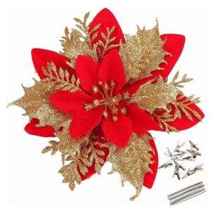 Set 24 Flores Decorativas Navideñas Clips 14cm Rojo Dorado Set 24 Flores Decorativas Navideñas Clips 14cm Rojo Dorado