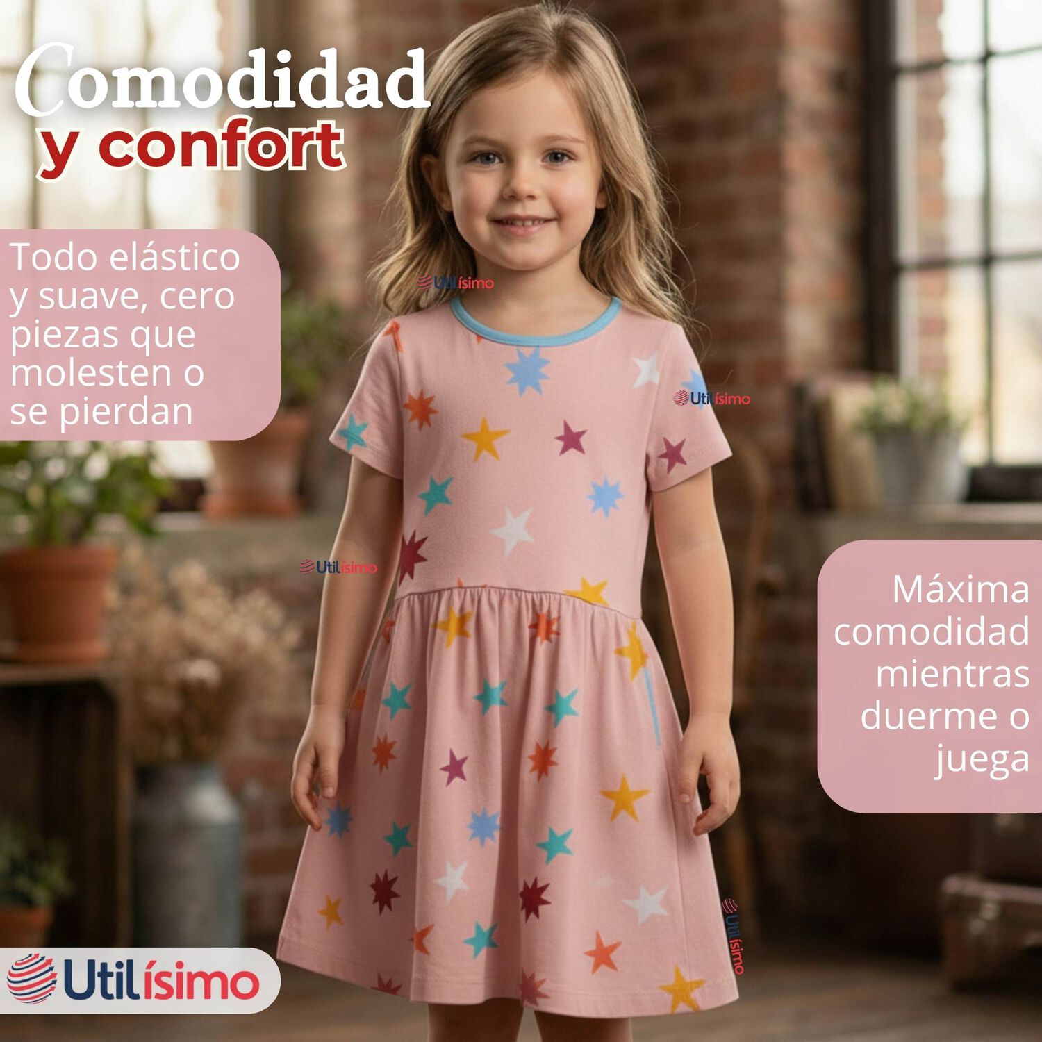Vestido Manga Corta Estrellas Algod&oacute;n Ni&ntilde;a image number 9.0