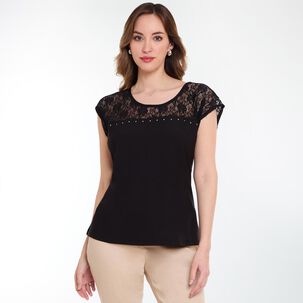 Polera Lisa Aplicaci&oacute;n Lace En Hombros Manga Corta Cuello Redondo Mujer Lesage