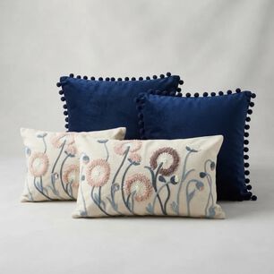 Set De 4 Cojines Decorativos Jard&iacute;n Azul Bordados Con Pompon