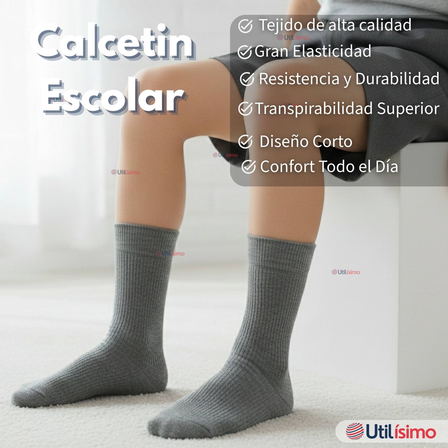 Pack 3 Calcet&iacute;nes Escolares Corto Acrilico Gris Ni&ntilde;o Juvenil image number 2.0