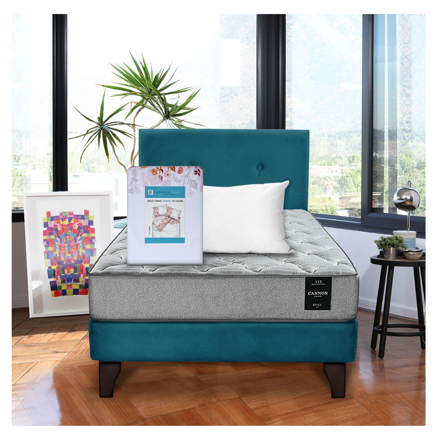 Combo Cama Cannon 1 1/2 Plaza Textil + Respaldo Tela Azul Petroleo image number 0.0