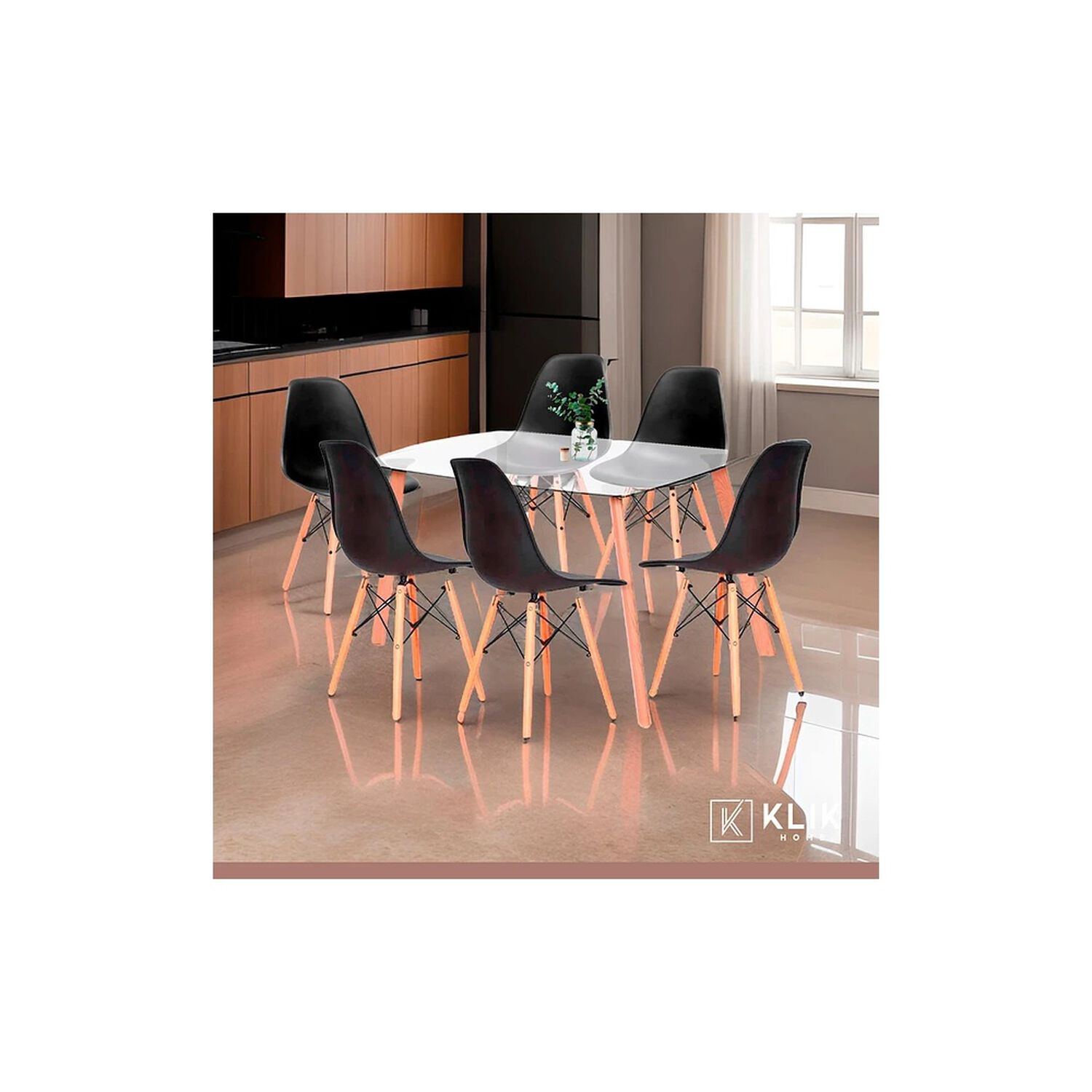 Comedor Mesa De Vidrio N&oacute;rdica 140x90 Cm + 6 Sillas Eames Negras image number 1.0