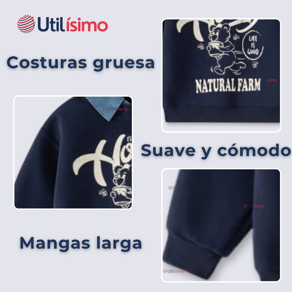 Polerón Estilo Pique Manga Larga Niño 100% Algodón Azul image number 4.0