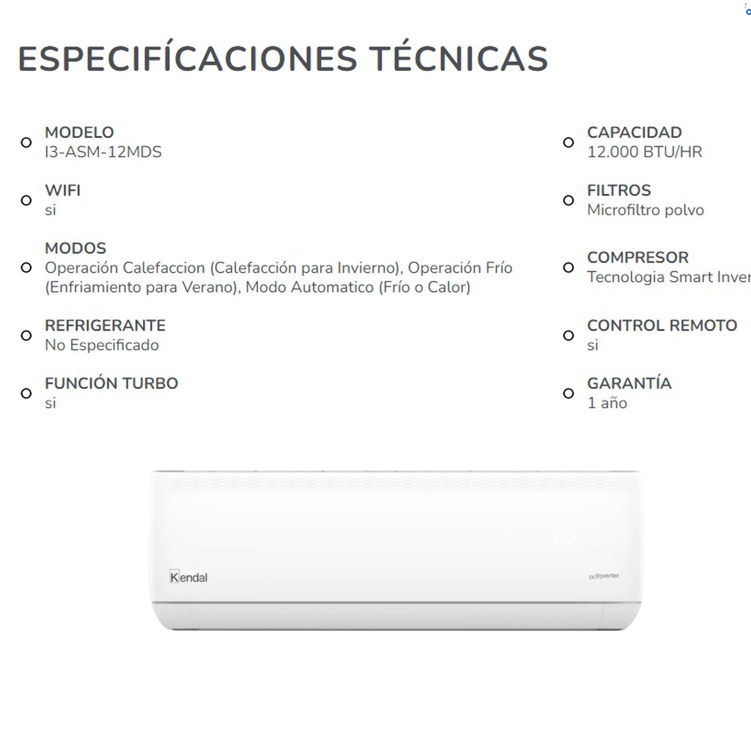 Aire Acondicionado Split Frio-calor Inverter 18000 Btu Wifi Kendal image number 3.0