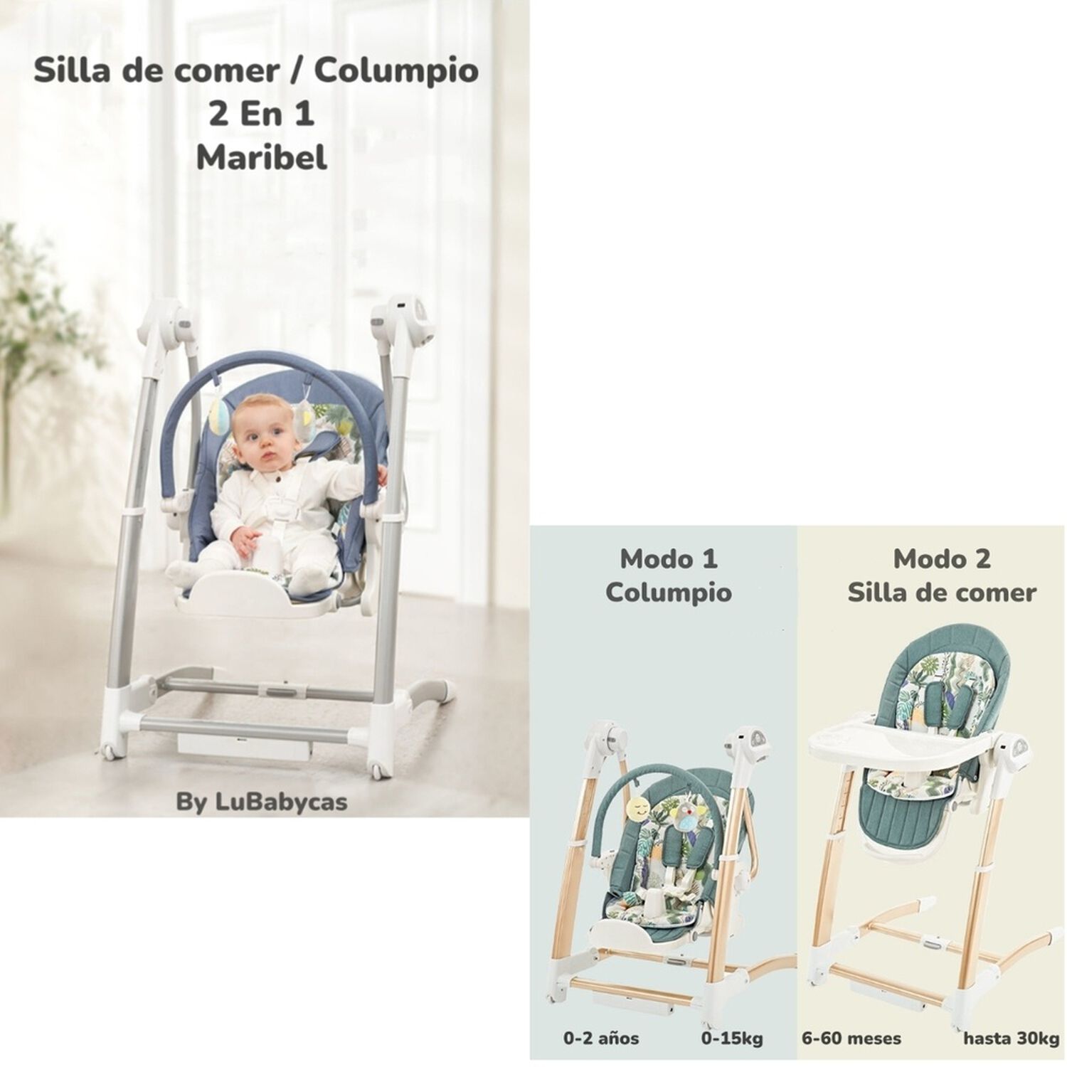 Silla De Comer Y Columpio Mecedor Lujoso Lubabycas Gris image number 1.0