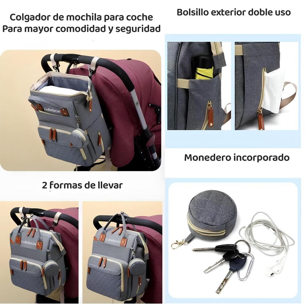 Mochila Maternal Lubabycas Impermeable Con Accesorios Negra image number 7.0