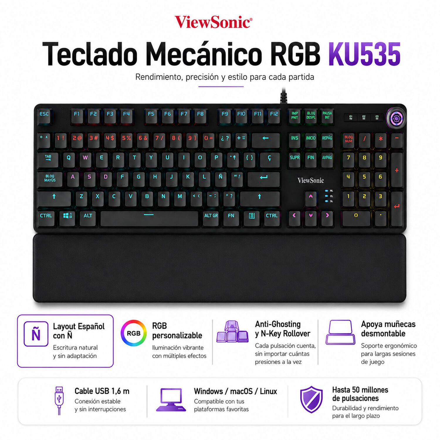 Teclado Mec&aacute;nico Rgb Con Apoya Mu&ntilde;ecas Gamer Ku535 Viewsonic image number 3.0