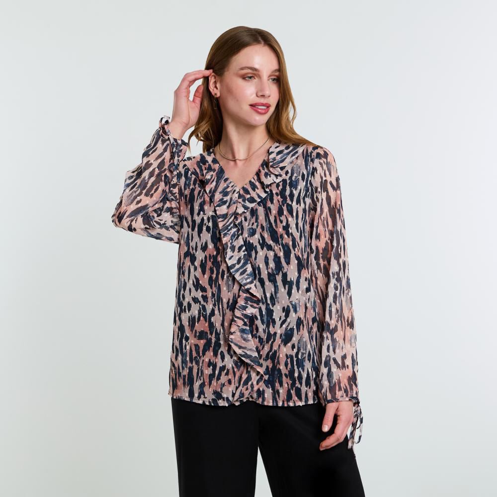 Blusa Pinteada Con Aplicación De Vuelo Manga Larga Cuello V Mujer Lesage image number 0.0