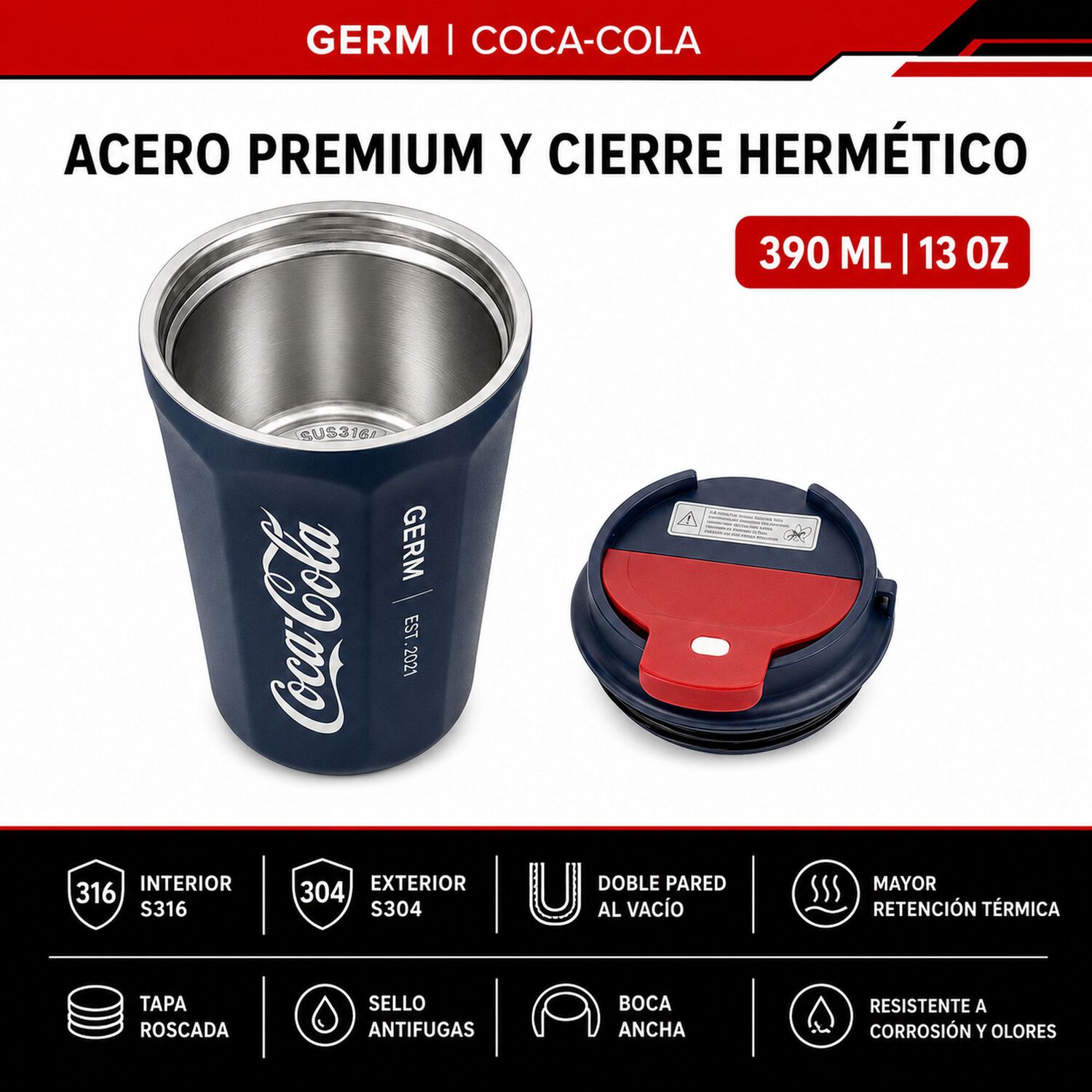 Vaso Termico Mug Germ Coca-cola Acero Inoxidable 390ml Navy image number 7.0