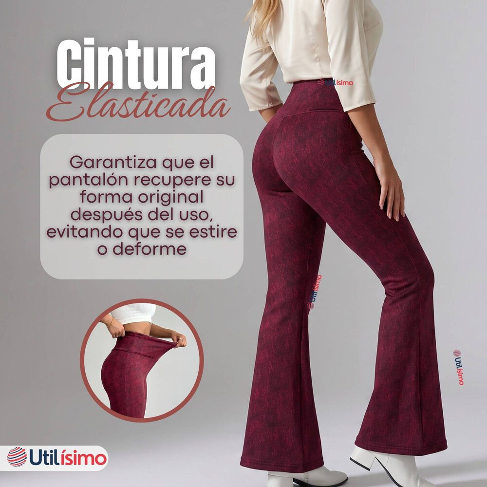 Pantal&oacute;n Polar Con Chiporro Palazzo Mujer Elasticada T&eacute;rmica Burdeo Jeans image number 7.0