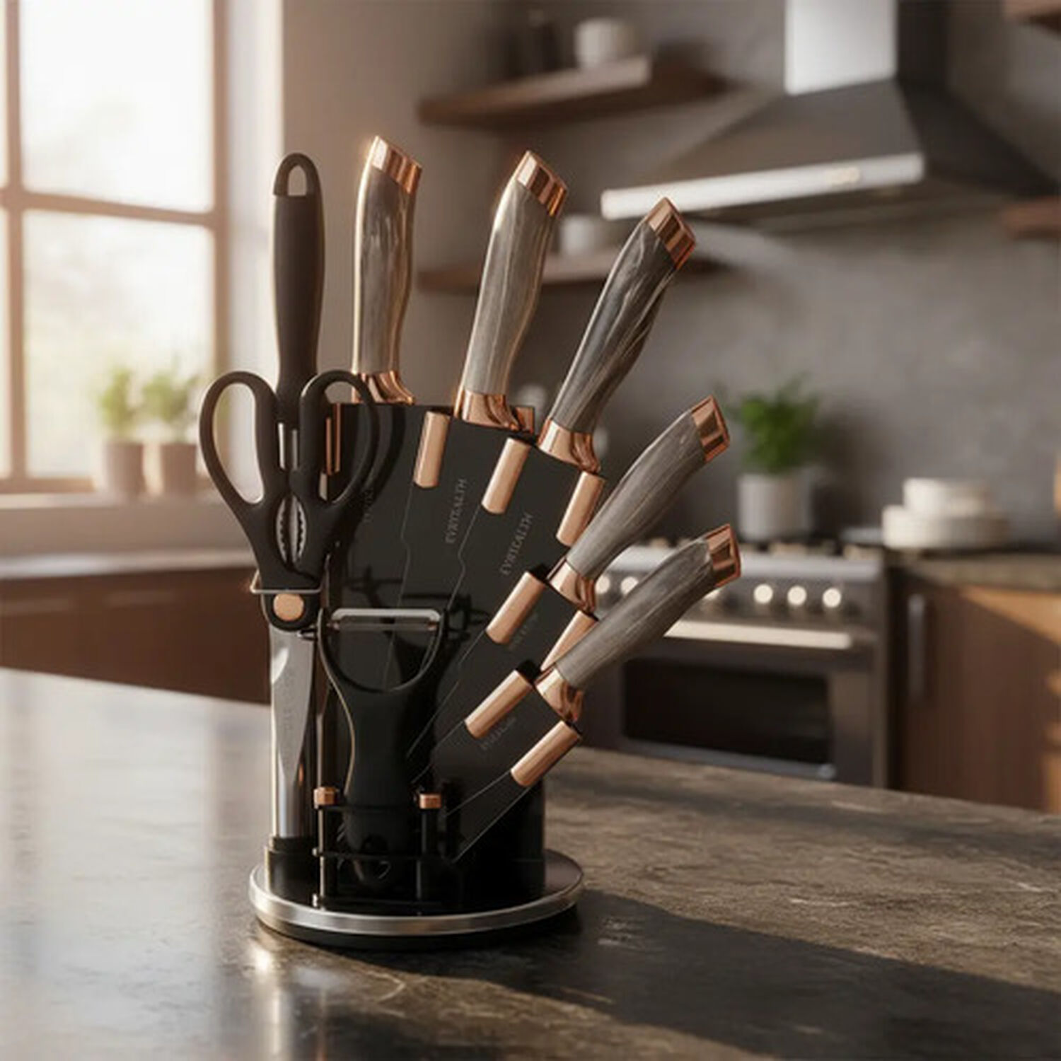 Set Cuchillos De Cocina 9 Piezas Con Base Giratoria Marmoleado Taupe Dorado image number 0.0