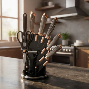 Set Cuchillos De Cocina 9 Piezas Con Base Giratoria Marmoleado Taupe Dorado