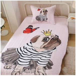 Cubrecama Quilt Pug Rosa Estampado Plaza Y Media