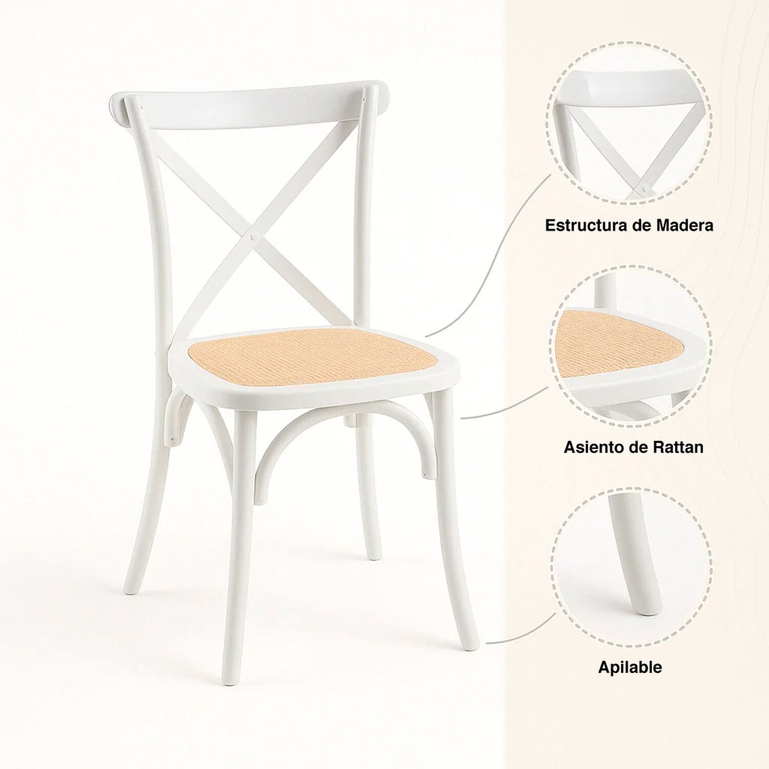 Pack De 4 Sillas Crossback Madera Rattan - Blancas image number 4.0