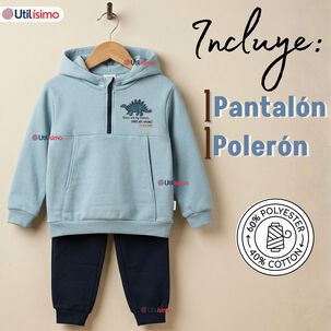 Conjunto 2 Piezas Buzo Pantal&oacute;n Y Poler&oacute;n Con Capucha Azul Dinosaurio Ni&ntilde;o