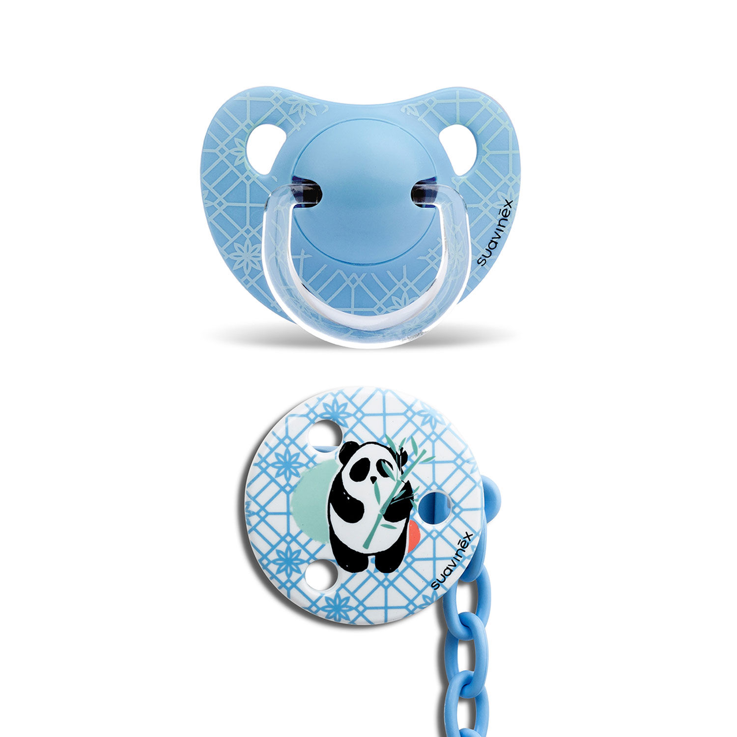 Chupete Anatomico Silicona 6-18m + Broche Redondo Panda Trama Blanco image number 0.0