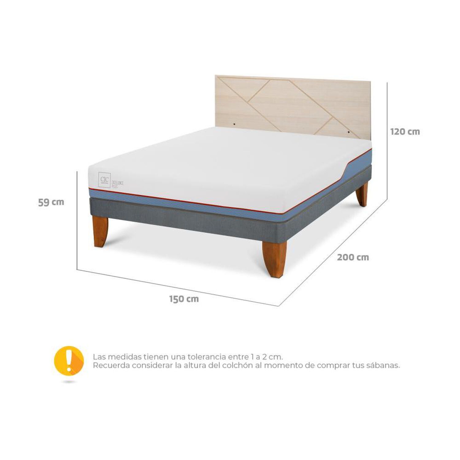 Cama Europea Cic Excellence Plus / 2 Plazas / Base Normal + Respaldo image number 3.0