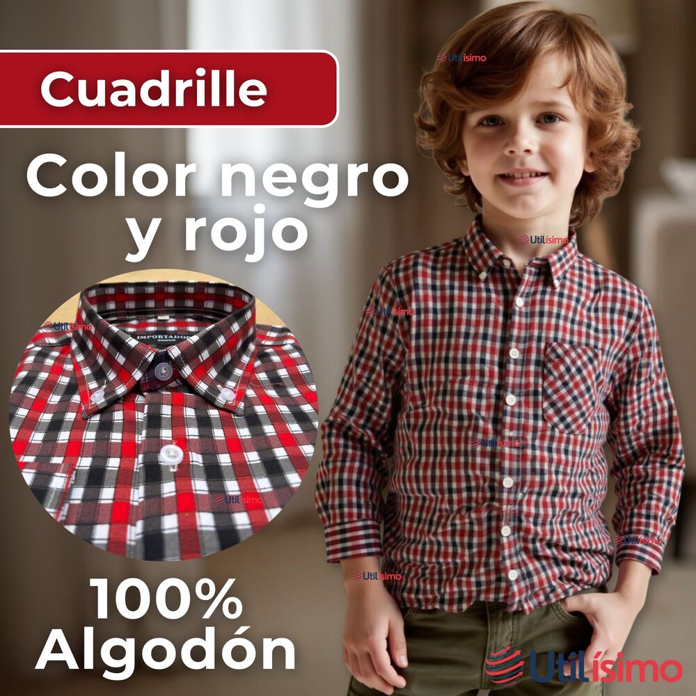 Camisa Huaso Cuadrillé Cuadro Manga Larga 100% Algodón Negro Rojo Casual image number 1.0
