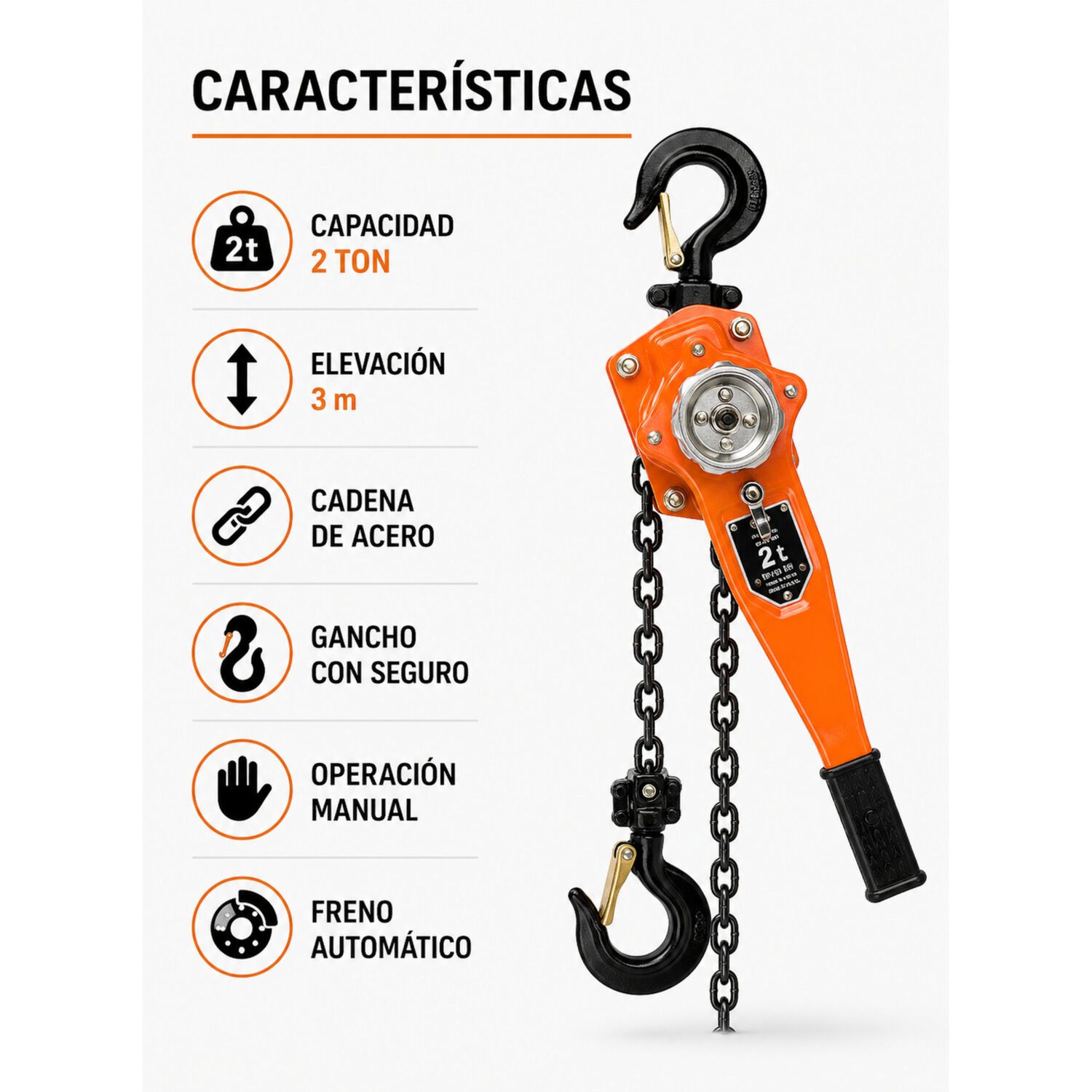Tecle Polipasto Manual Con Cadena, 2 Toneladas X3 Metros image number 8.0