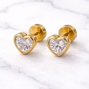 Aros Abridores Coraz&oacute;n 5 Mm Oro 18k Con Circ&oacute;n Y Tope A Presi&oacute;n