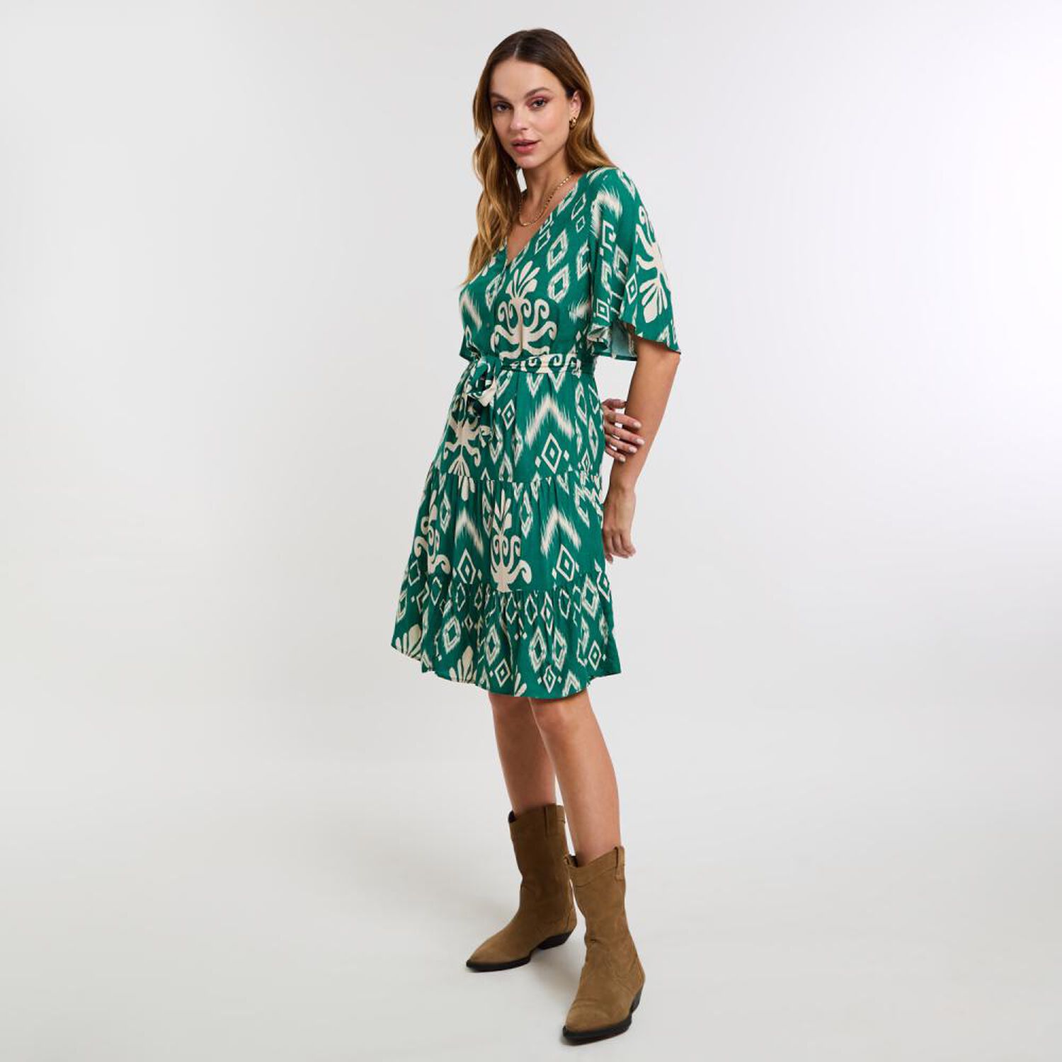 Vestido Full Print Maga Corta Con Vuelo Y Lazo En Cintura Mujer Kimera image number 2.0